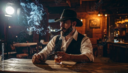 Vintage Cowboy Smoking Cigar in Classic Whiskey Bar