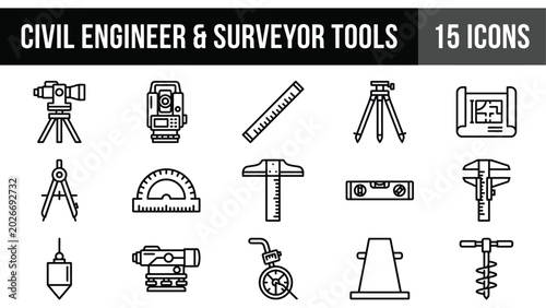 Fotografi Civil engineer and surveyor tools icon set, 15 professional surveying equipment