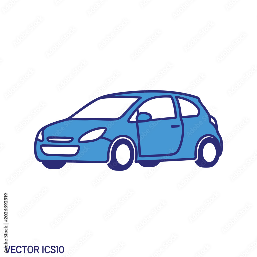 Obraz premium A simple flat vector illustration of a blue compact car isolated on a white background.
