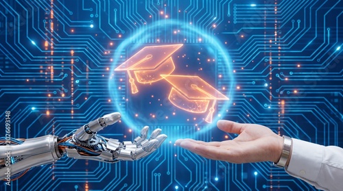 Robot hand and human hand presenting glowing digital graduation caps on a futuristic circuit board background, education concept