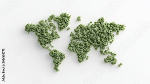 Green world map formed by growing plants, symbolizing global ecology, protection, and sustainability environmental