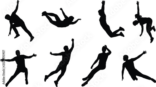 Foto Action silhouettes of rock climbers in various poses, including bouldering, rappelling, and rope climbing, representing extreme sports and outdoor adventure