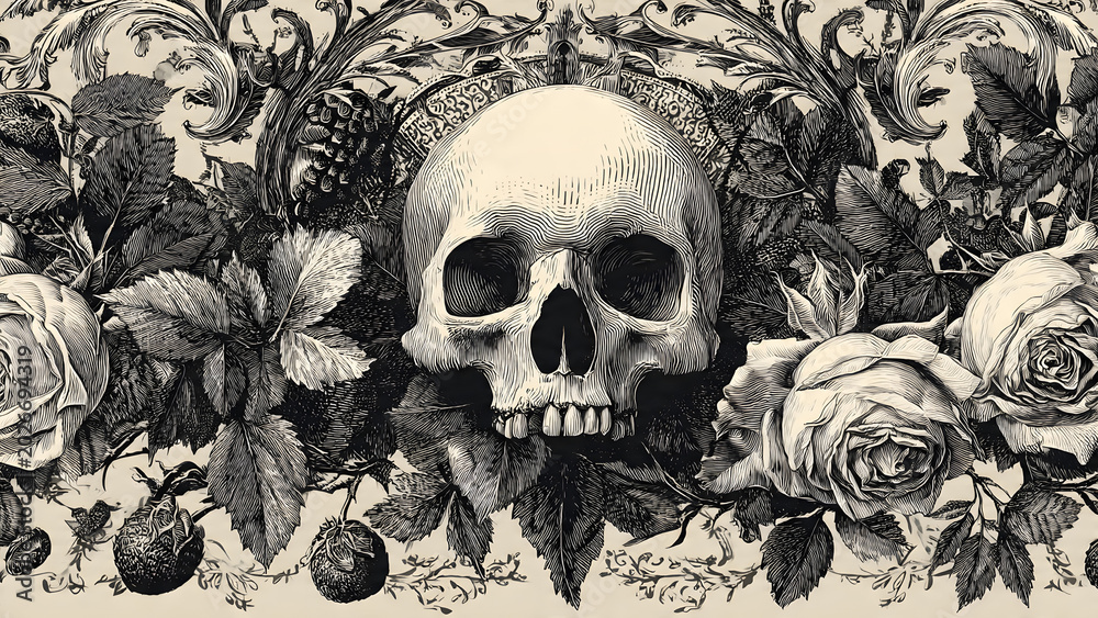 Fototapeta premium Memento Mori A Macabre and Beautiful Illustration of a Human Skull Adorned with Roses and Berries