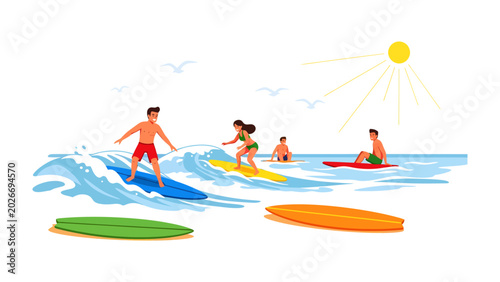 Schilderij op canvas Surfing Fun in the Sun: A vibrant scene of people enjoying surfing on ocean waves under a bright sunny sky, with surfboards scattered on the beach, depicting a perfect day for watersports