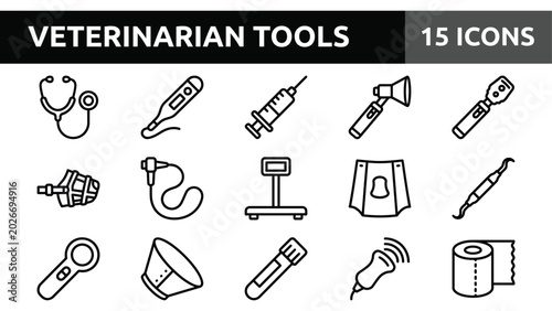 Photos Veterinarian tools icon set, 15 black line vector icons for pet clinic, veterina