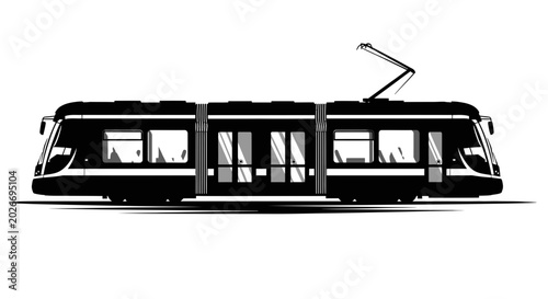 Photos Modern Articulated Tram Silhouette, Urban Public Transport, Black and White Grap