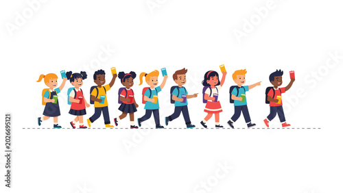 Tableau sur toile Children Walking to School: A diverse group of happy children, each with a backpack, walk in a line, waving as they head off to school