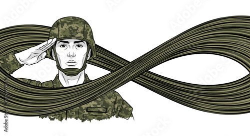 Photos Soldier Saluting with Infinity Symbol Made of Camouflage Pattern