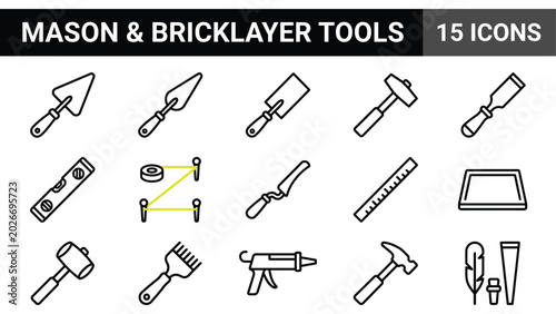 Photos Mason and bricklayer tools icon set, 15 construction equipment vector line icons