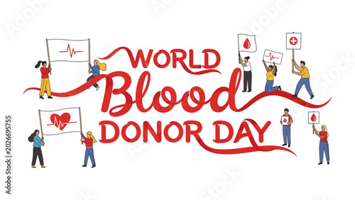 Foto World Blood Donor Day Celebration: A vibrant illustration depicting people holding signs with heart and blood drop symbols to celebrate World Blood Donor Day, promoting the act of donating blood