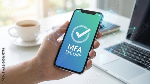 Hand Holding Smartphone with MFA Secure Shield and Digital Checklist UI, Corporate Cyber Security Concept