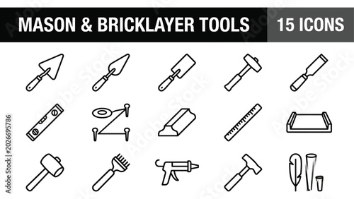 Foto Mason and bricklayer tools icon set, 15 professional construction equipment line