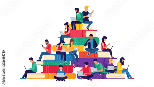 Obraz na płótnie Digital Literacy Pyramid: A vibrant illustration depicts individuals from diverse backgrounds engaging with technology while perched atop a colorful stack of books