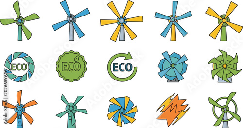 Foto Eco Wind Turbine and Renewable Energy Vector Illustration Set Isolated on White