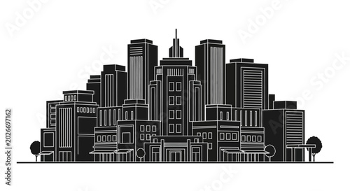 City skyline silhouette with modern buildings, urban architecture design