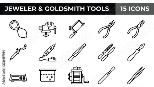 Fotografía Jeweler and goldsmith tools icon set, 15 professional jewelry making equipment l