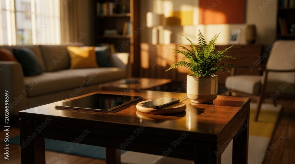 Fototapeta premium A sunlit wooden coffee table holds a smartphone on a charger beside a small green potted houseplant.