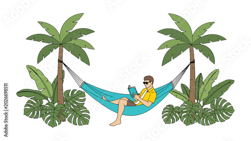 Εκτύπωση καμβά Relaxation Under Palms: A man enjoys a serene moment reading a book while lounging in a hammock suspended between two palm trees, surrounded by lush tropical foliage