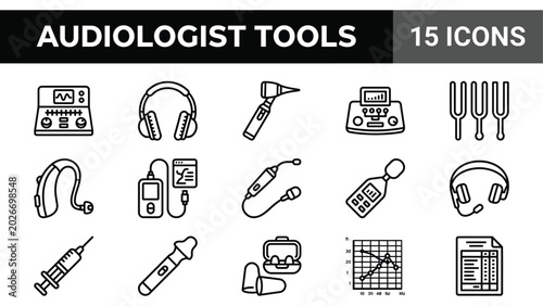 Photos Audiologist tools icon set, 15 hearing health line icons, medical ear care equip