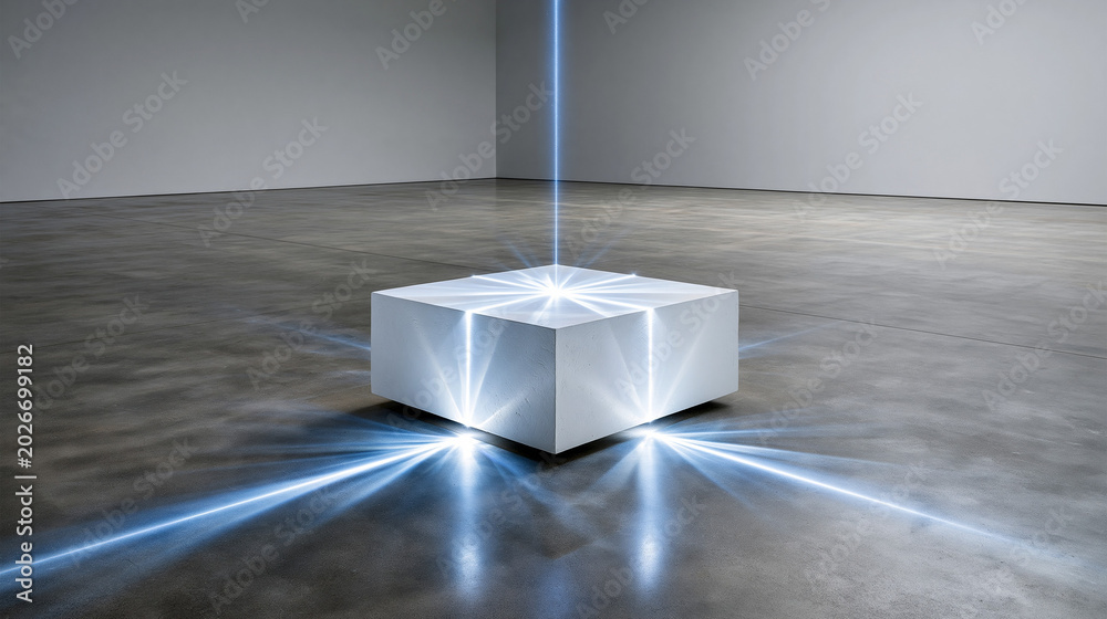Obraz premium The Monochrome Plinth: A single minimalist white plaster cube in a vast grey space, a sharp blue laser grid overlay casting down onto the cube from above