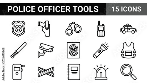 Tableau sur toile Police officer tools icon set, 15 law enforcement line icons, professional secur