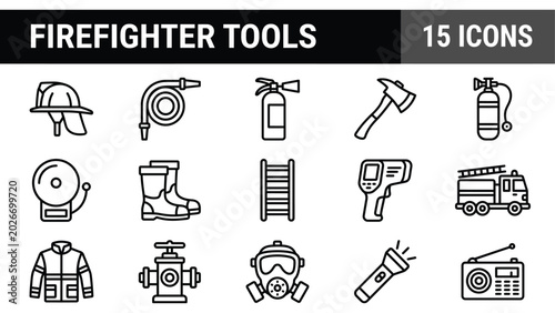 Firefighter tools line icons, 15 firefighting equipment vector symbols, fire department emergency rescue icon set
