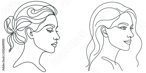 Beautiful woman portraits drawn in one continuous line art.