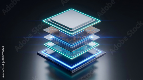 Microchip layers glowing processor chipset circuit motherboard technology 3d render futuristic.Quantum computing innovation. futuristic semiconductor chips, motherboard processor circuit, light