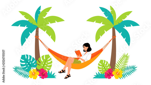 Bild auf Leinwand Relaxation Under Palm Trees: A woman enjoys a moment of tranquility, reading a book while lounging in a hammock strung between two vibrant palm trees