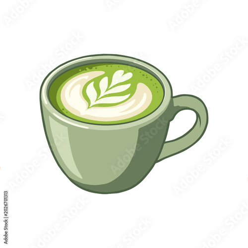 Hot matcha latte in green ceramic cup, green tea foam art vector illustration