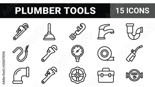 Bild auf Leinwand Plumber tools icon set, 15 professional plumbing line icons, sanitary equipment