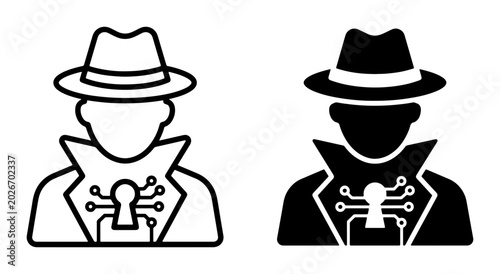 Fotografija Spy Hacker Icons: Silhouette and Outline of Cyber Criminal with Circuit Board De