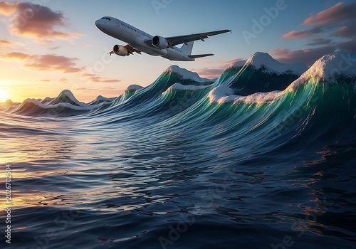 Commercial Passenger Airplane Flying Low Over Giant Ocean Wave at Sunset