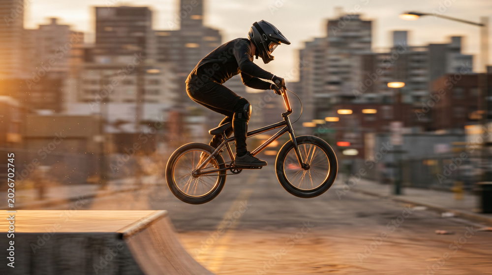 Fototapeta premium Bmx rider performing a trick at an urban skate park.