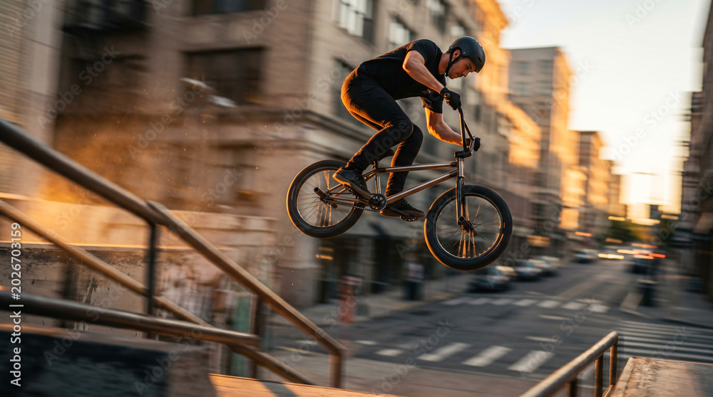Fototapeta premium Bmx rider performing a trick at an urban skate park.