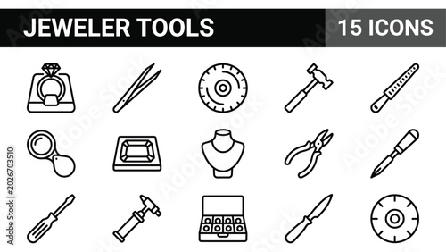 Quadro em tela Jeweler tools icon set, 15 professional jewelry making equipment line icons, gol