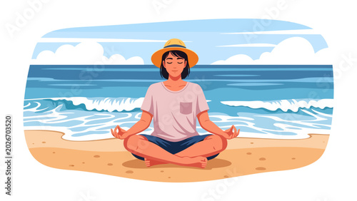 Photography Zen on the Shore: A person in a straw hat meditates peacefully on a sandy beach, with gentle waves lapping the shore and a clear blue sky overhead, evoking serenity and relaxation