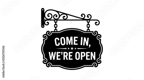 Vintage shop sign with text black silhouette on white background