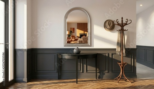 Elegant interior with arched wall mirror hanging above black wooden console table, dark paneling