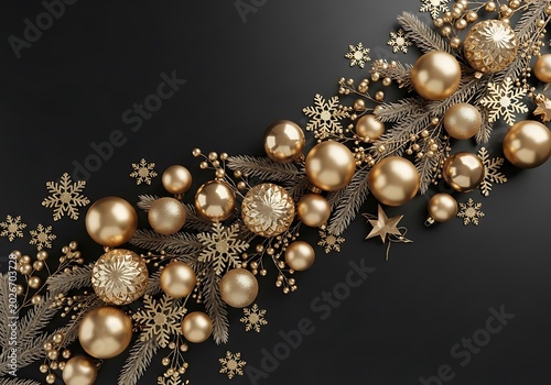 Elegant Gold Christmas Ornaments Arranged with Pine Branches on Dark Festive Background