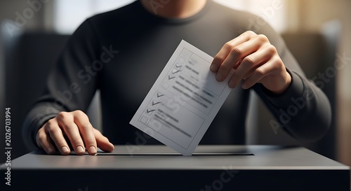 Anonymous Voter Casting Ballot Paper Into Box in Dim Indoor Polling Setting