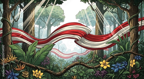 Vibrant illustration of a forest with a waving red and white ribbon among trees and colorful flowers.