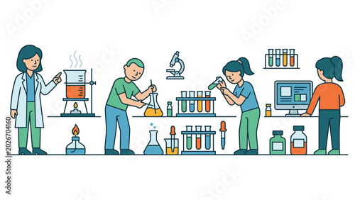 Fotografía Group of young scientists conducting experiments in chemistry laboratory vector illustration