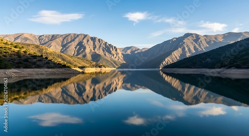 Serene Mountain Range Reflected in Calm Lake Under Clear Blue Sky