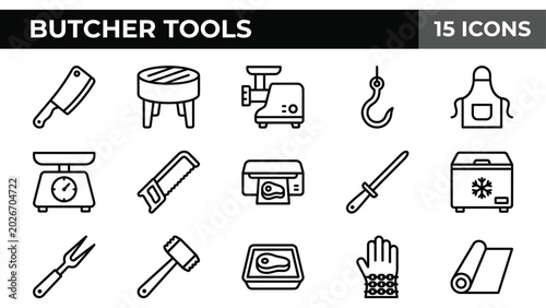 Фотография Butcher tools icon set, 15 professional meat processing line icons, butchery equ