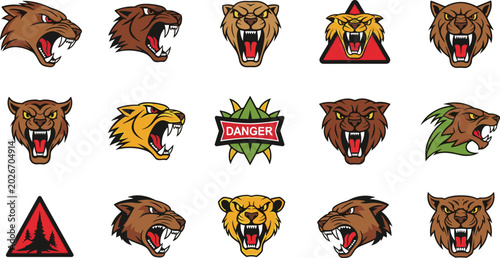 Photography Wild Tiger and Roaring Predator Mascot Vector Illustration Set Isolated on White