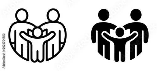 Fotografie Family Love Icon Set, Parents Embracing Child Silhouette, Heart Shape Symbol, Si