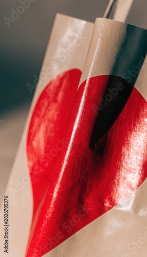 Close up of a shiny paper shopping bag with a large red heart graphic, emphasizing texture and reflection, highlighting premium packaging and branding.