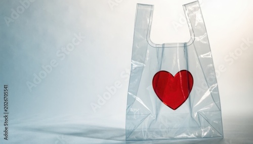 Transparent vinyl shopping bag with a metallic red heart emblem, minimalist studio shot, clean background, symbol of modern style, love, or sustainable fashion choices.