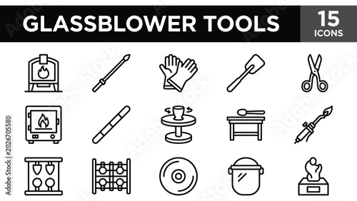 Schilderij op canvas Glassblower tools line icon set, 15 glassblowing equipment vectors, furnace and